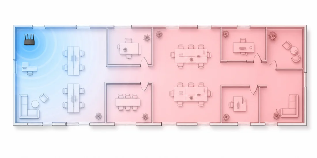 Unbranded office floor plan showing weak single-router Wi-Fi coverage fading into dead zones