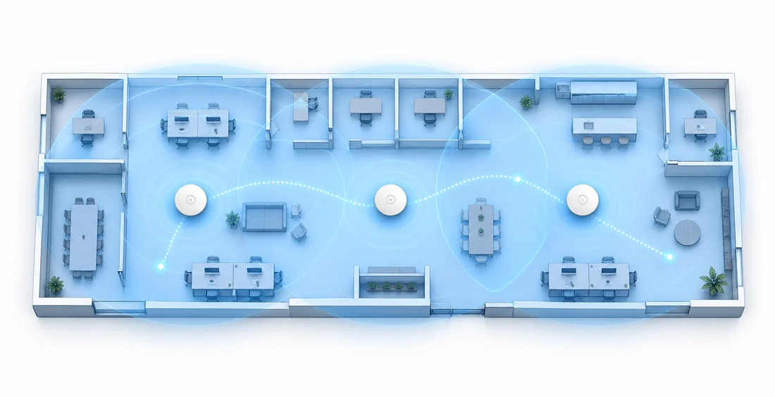 Unbranded office floor plan showing planned multi-access-point Wi-Fi coverage across the whole space