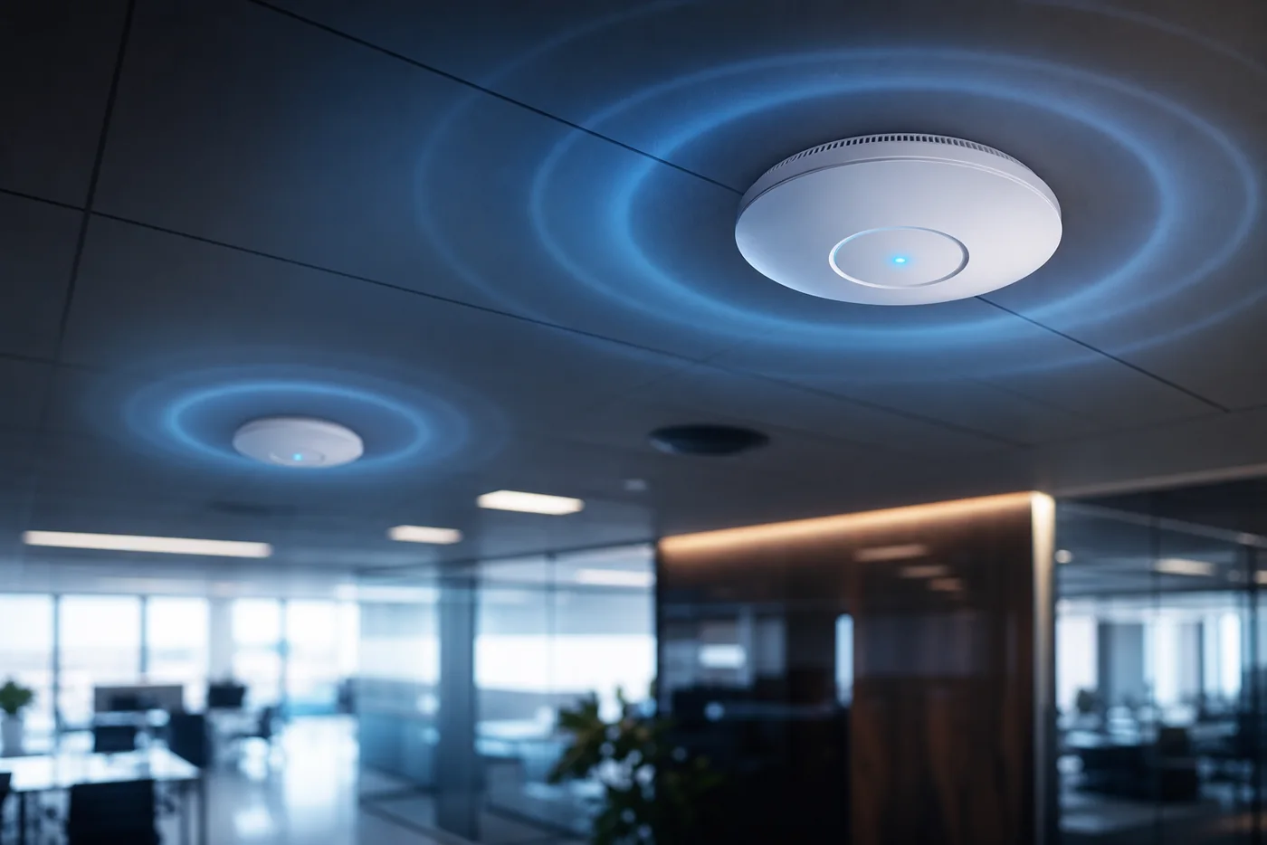 Unbranded simulated office ceiling with multiple wireless access points and coverage glow