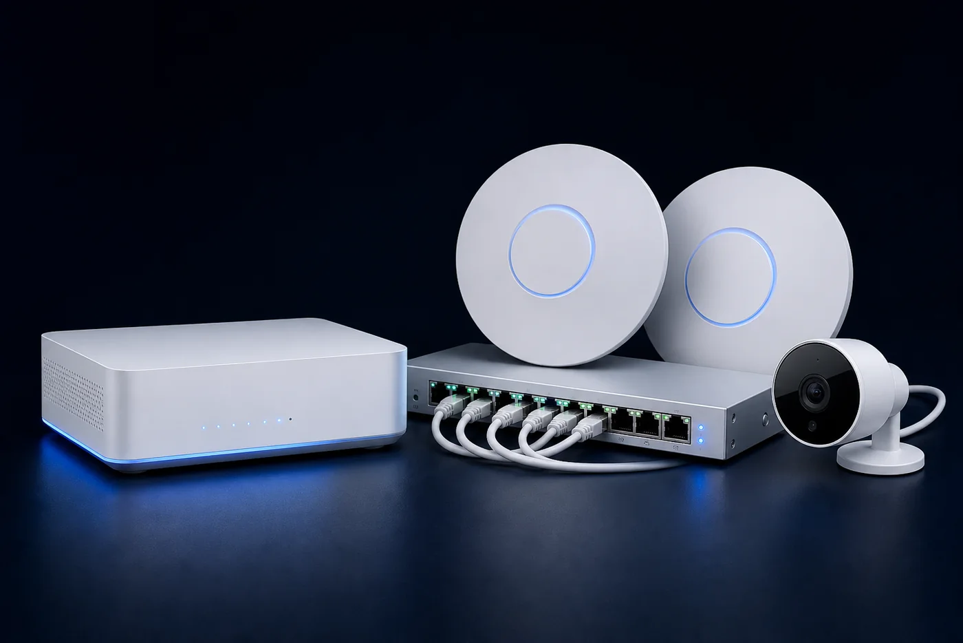 Unbranded simulated network gateway, PoE switch, access points, and security camera equipment