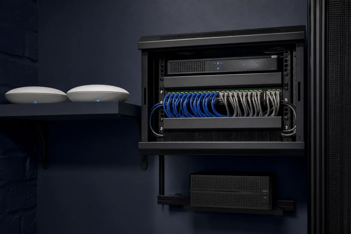 Unbranded simulated clean network rack with gateway, switch, UPS, cabling, and access points